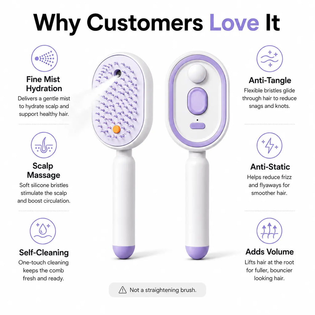 Electric Spray Hair Brush — Scalp Massage, Anti-Tangle, Anti-Static, Self-Cleaning