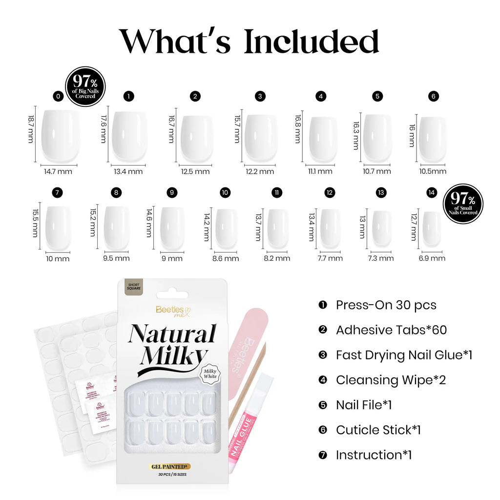 Press On Nails 32Pcs — Milky White, 16 Sizes, Glue Included, Reusable