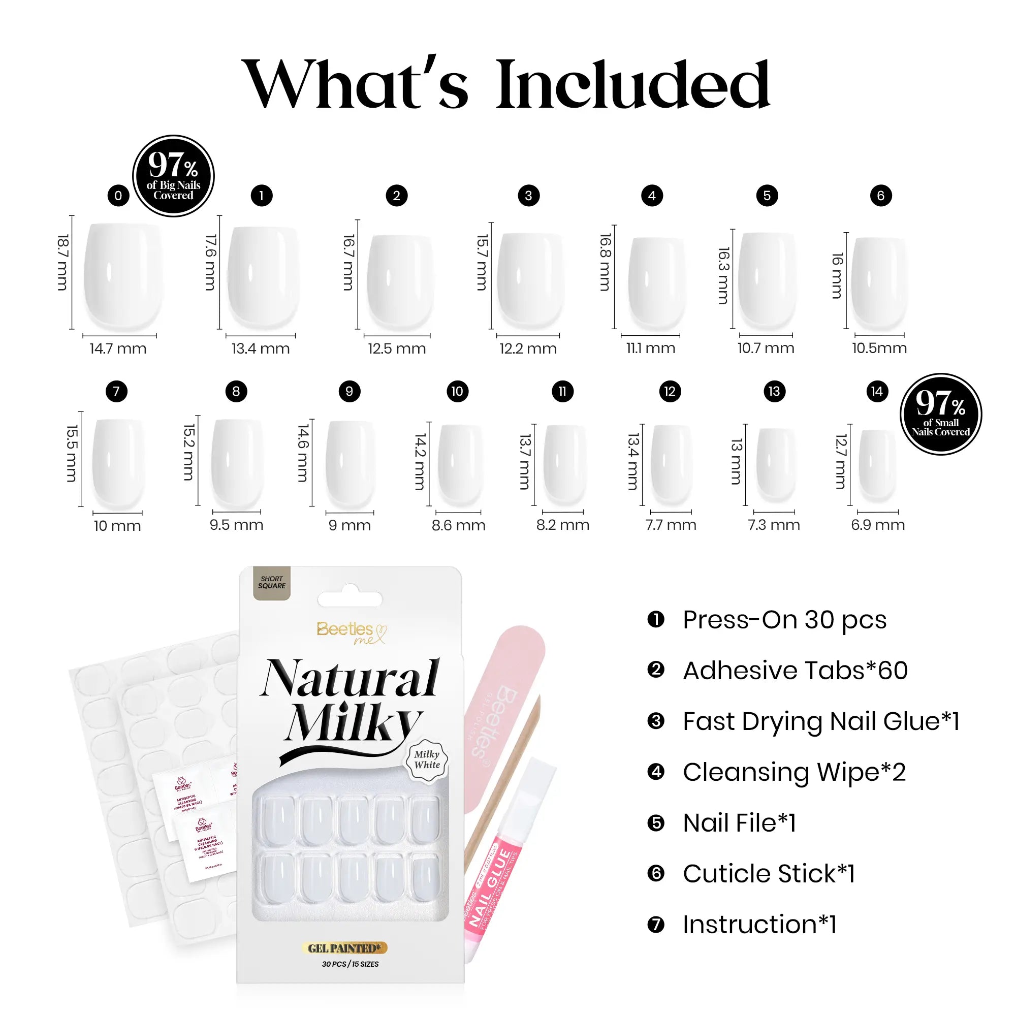 Press On Nails 32Pcs — Milky White, 16 Sizes, Glue Included, Reusable